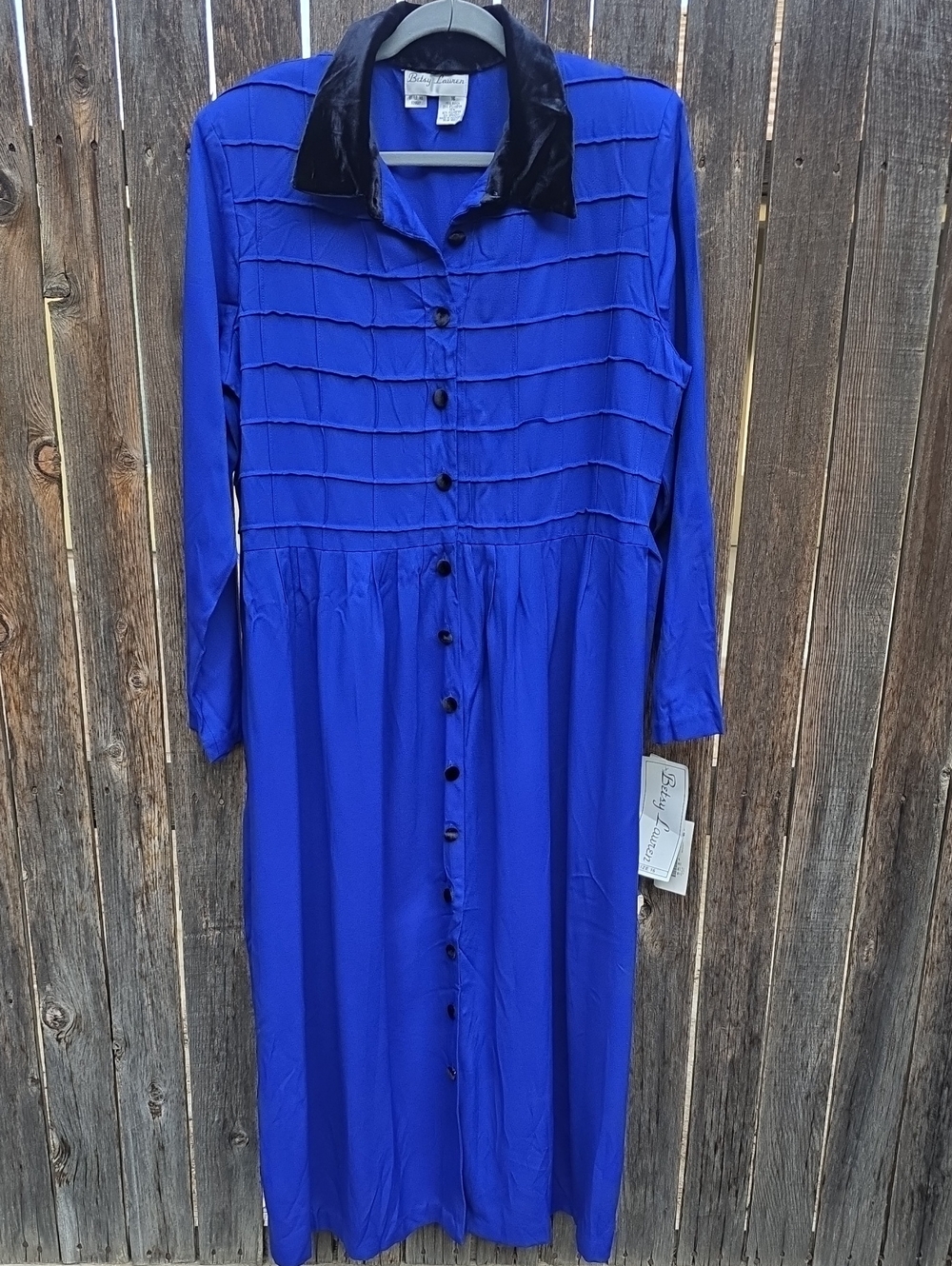 Betsy Lauren Vintage Modest Button-Front Maxi Dress in Royal Blue Velvet Collar